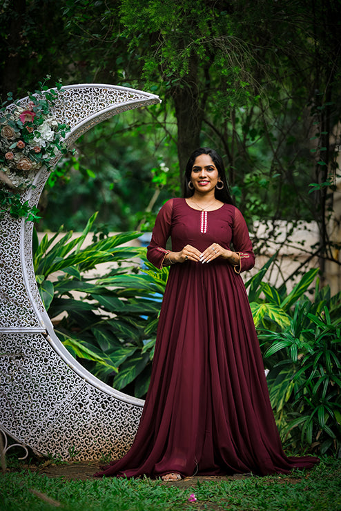 Pree Wedding Long Tail Gown Meroon Colour