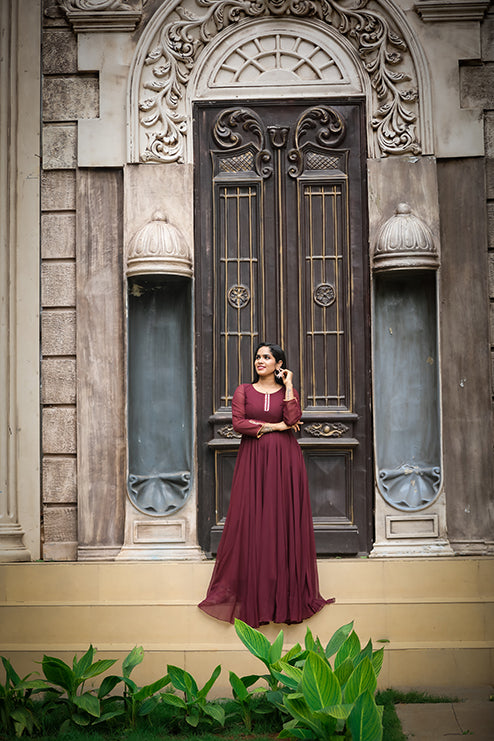 Pree Wedding Long Tail Gown Meroon Colour