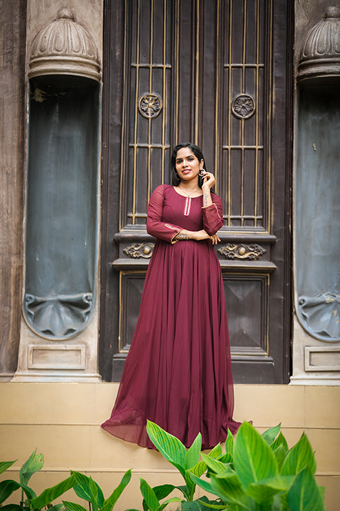 Pree Wedding Long Tail Gown Meroon Colour