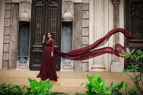Pree Wedding Long Tail Gown Meroon Colour