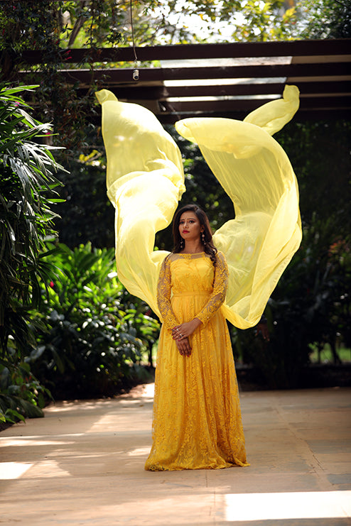 Pree Wedding Long Tail Gown Yallow Colour
