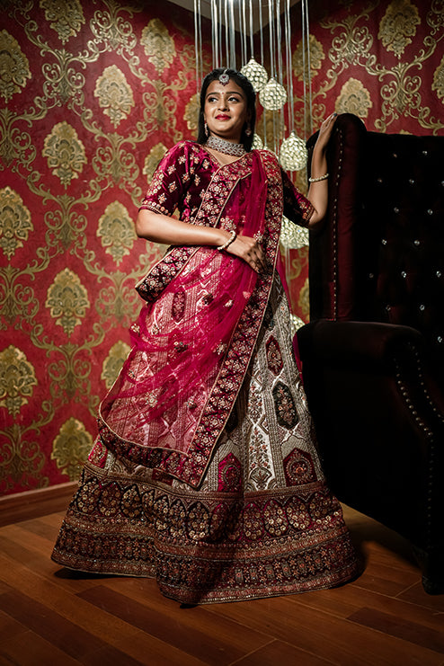 Briedal Premiam Lehengga Meroon And Whit