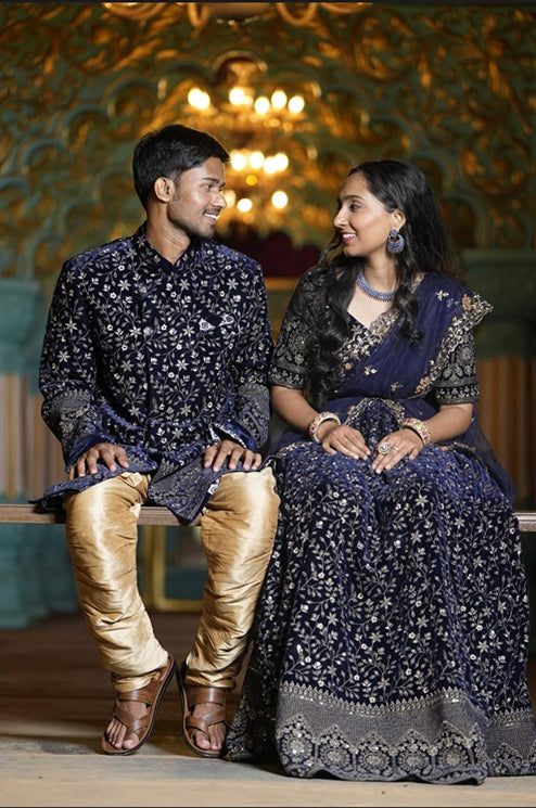 Couple Outfit Designer Dark Blue Velvet Lehenga and Sherwani