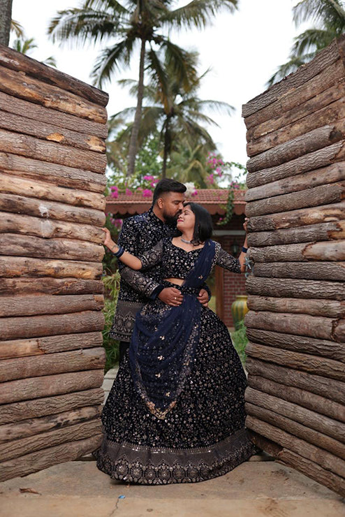 Couple Outfit Designer Dark Blue Velvet Lehenga and Sherwani