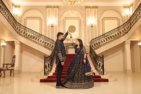 Couple Outfit Designer Dark Blue Velvet Lehenga and Sherwani