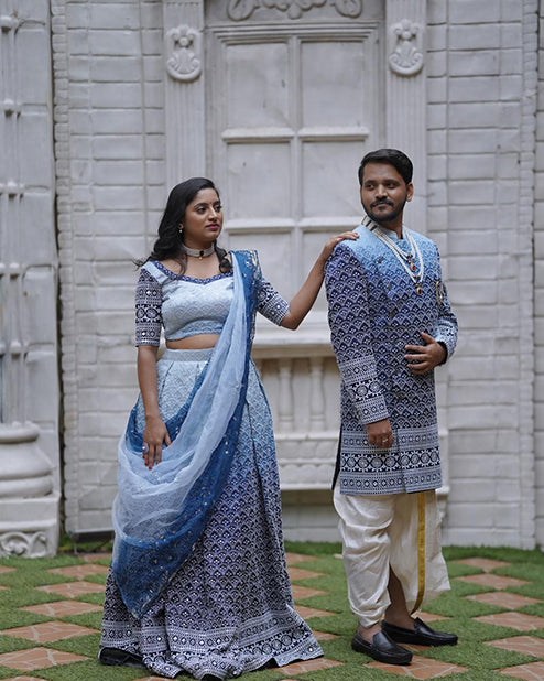 Couple Outfit Premium Blue Handwork Lehenga and Sherwani