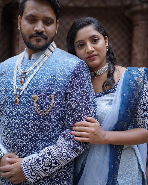Couple Outfit Premium Blue Handwork Lehenga and Sherwani