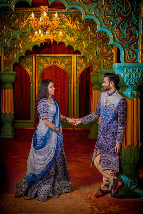 Couple Outfit Premium Blue Handwork Lehenga and Sherwani