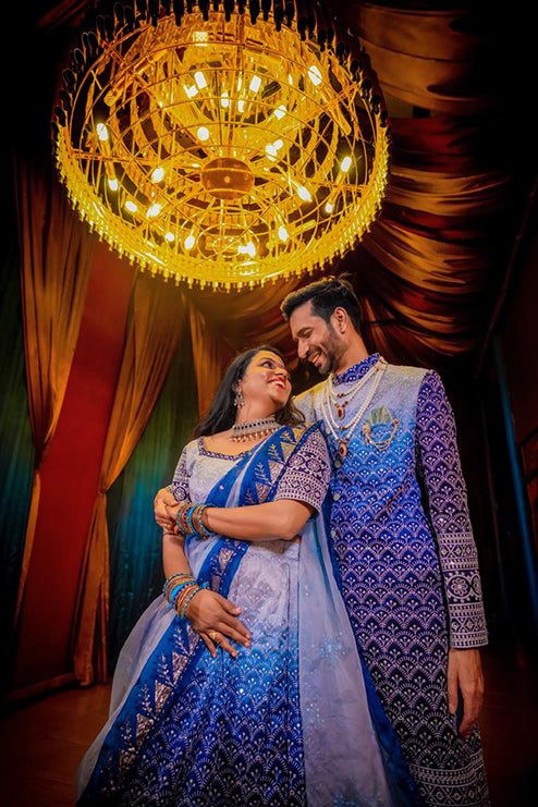 Couple Outfit Premium Blue Handwork Lehenga and Sherwani