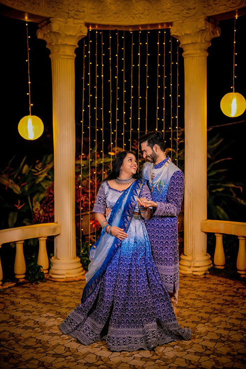 Couple Outfit Premium Blue Handwork Lehenga and Sherwani