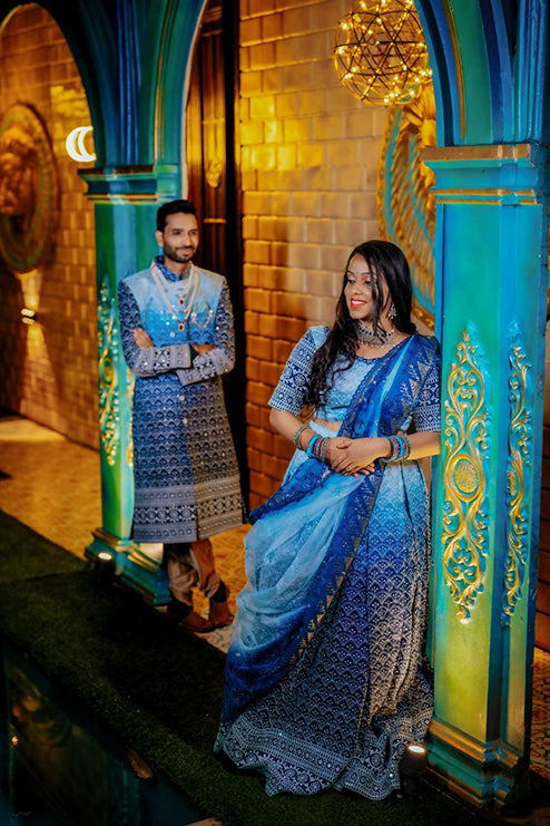 Couple Outfit Premium Blue Handwork Lehenga and Sherwani