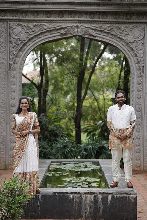 Couple Outfit Premium White Half Saree with Embroidery and White Kurta