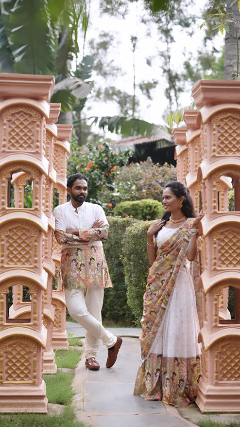 Couple Outfit Premium White Half Saree with Embroidery and White Kurta