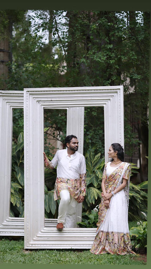 Couple Outfit Premium White Half Saree with Embroidery and White Kurta