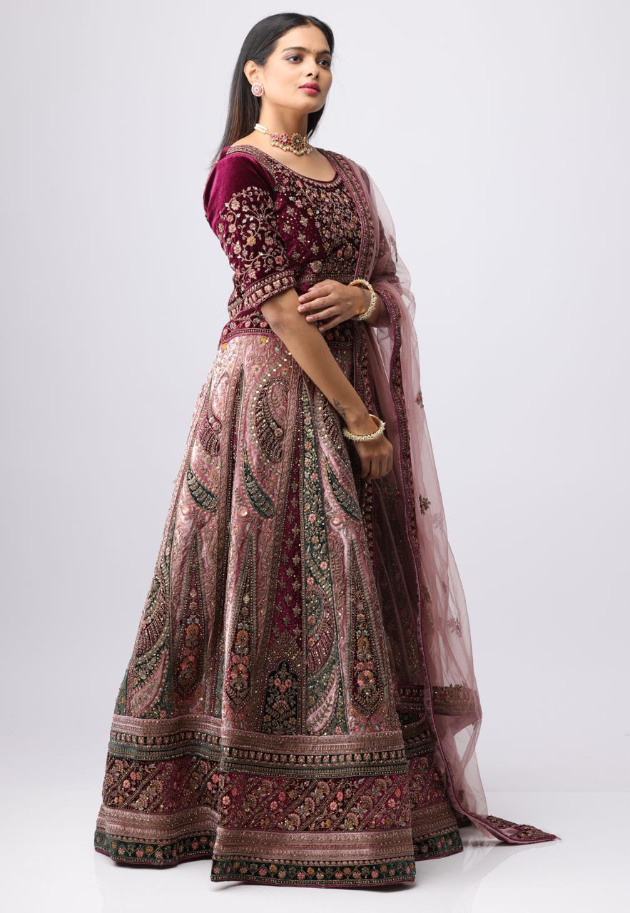 Bridal Wedding Lehenga Wine And Malty Collors