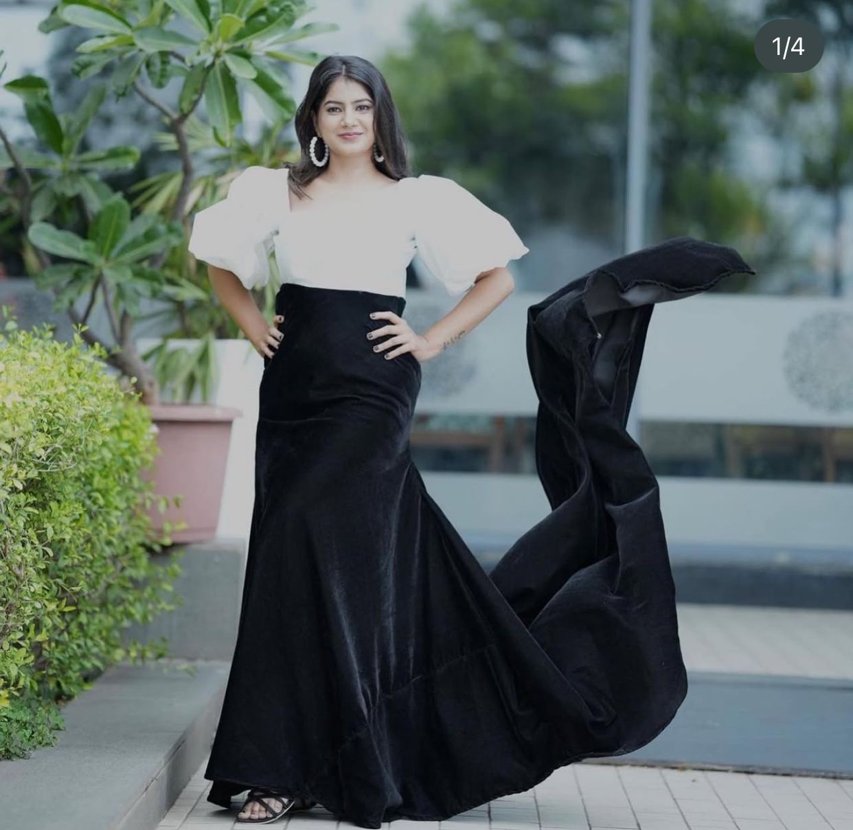 Pre Wedding Long Tail Gown Black And White Colour