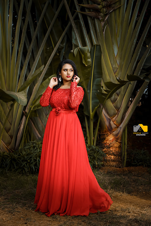 Preee Wedding Long Tail Gown Red Colour – Rental Gown Banglore