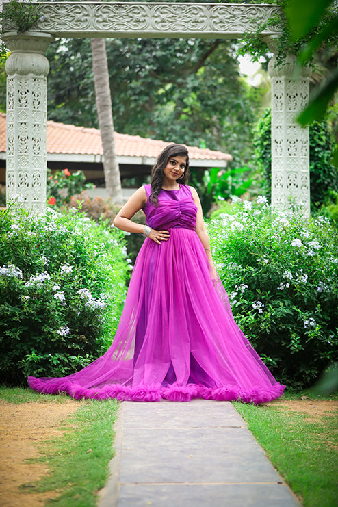 Pree Wedding Long Tail Gown Purple Colour