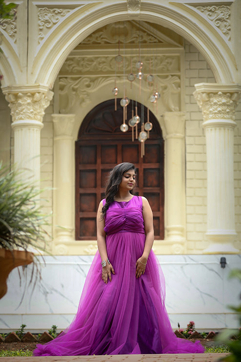 Pree Wedding Long Tail Gown Purple Colour