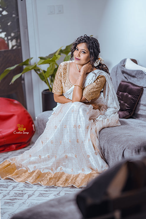 Half Saree Premiam White And Gold Colour