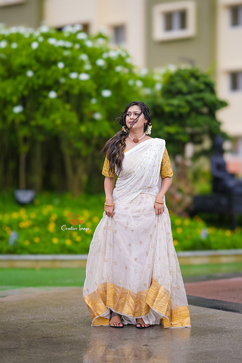 Half Saree Premiam White And Gold Colour
