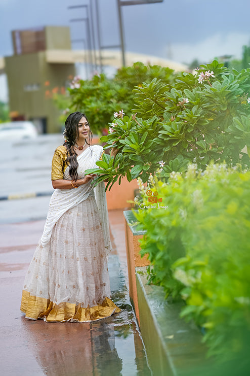 Half Saree Premiam White And Gold Colour