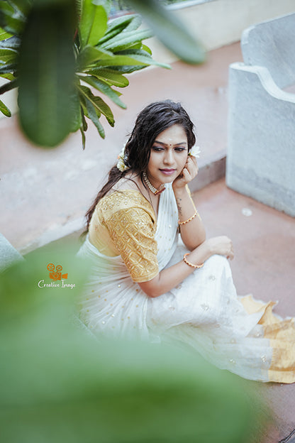 Half Saree Premiam White And Gold Colour