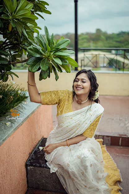 Half Saree Premiam White And Gold Colour